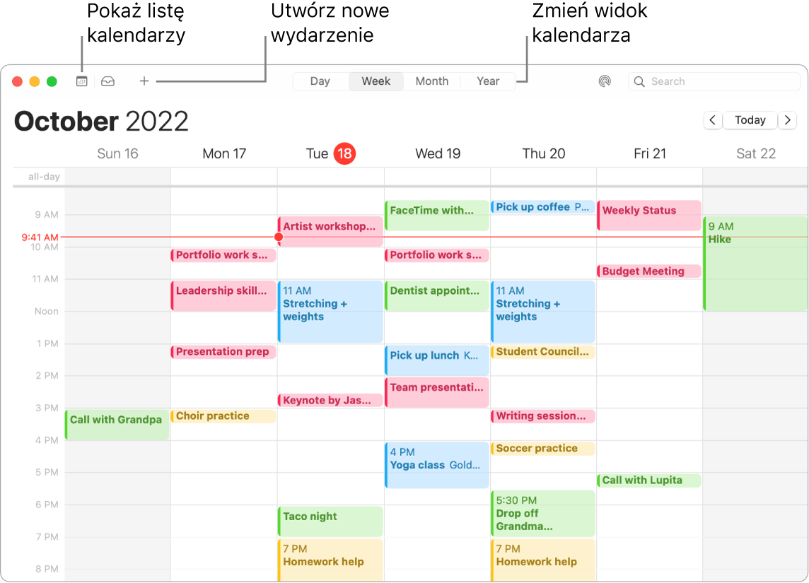 Okno Kalendarza pokazujące listę kalendarzy, sposób tworzenia wydarzenia oraz sposób wybierania widoku dnia, tygodnia, miesiąca lub roku.