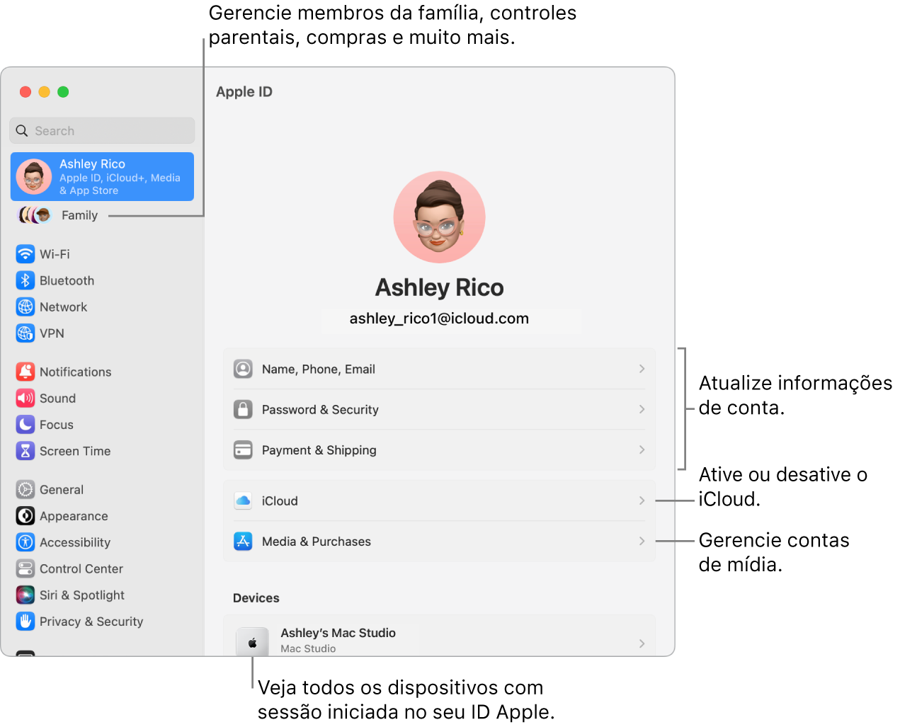 Ajustes do ID Apple nos Ajustes do Sistema com chamadas para atualizar informações da conta, ativar ou desativar recursos do iCloud, gerenciar contas de mídia, e Família, onde você pode gerenciar membros da família, controles parentais, compras e outros.