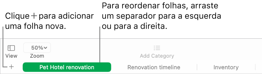 Uma janela do Numbers a mostrar como adicionar uma nova folha e como reordenar folhas.