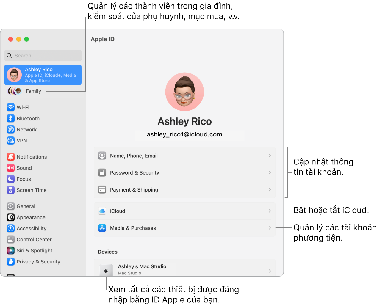 Cài đặt ID Apple trong Cài đặt hệ thống với các chú thích để cập nhật thông tin tài khoản, bật hoặc tắt các tính năng iCloud, quản lý các tài khoản phương tiện và Gia đình, là nơi bạn có thể quản lý các thành viên gia đình, kiểm soát của phụ huynh, mục mua, v.v.