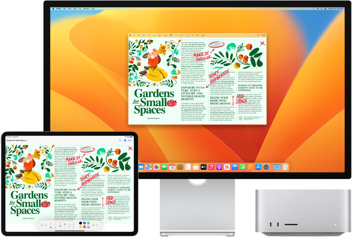 Mac Studio 和 iPad 並排放置。兩個螢幕都顯示以手寫紅色編輯內容覆蓋的文章，例如劃掉的句子、箭頭和加入的單字。iPad 的螢幕底部也有標示控制項目。