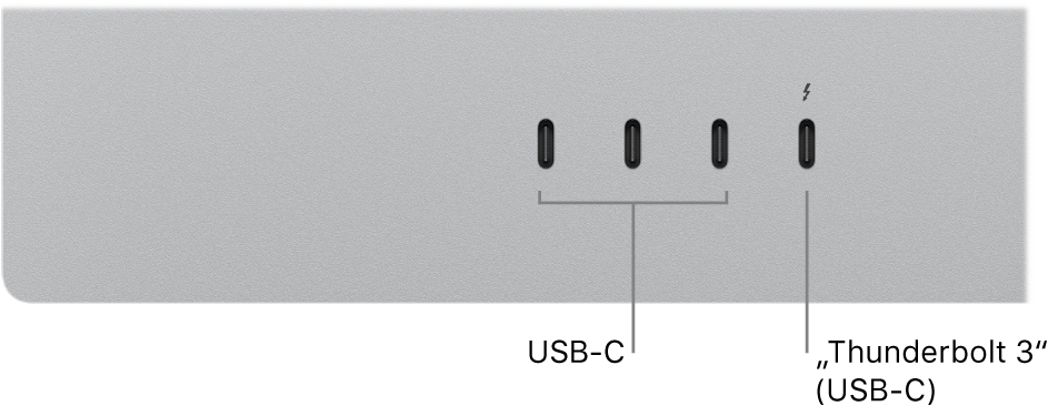 Priartintas „Studio Display“ vaizdas, kuriame matosi trys kairėje esantys USB-C prievadai ir dešinėje esantis „Thunderbolt 3“ (USB-C) prievadas.