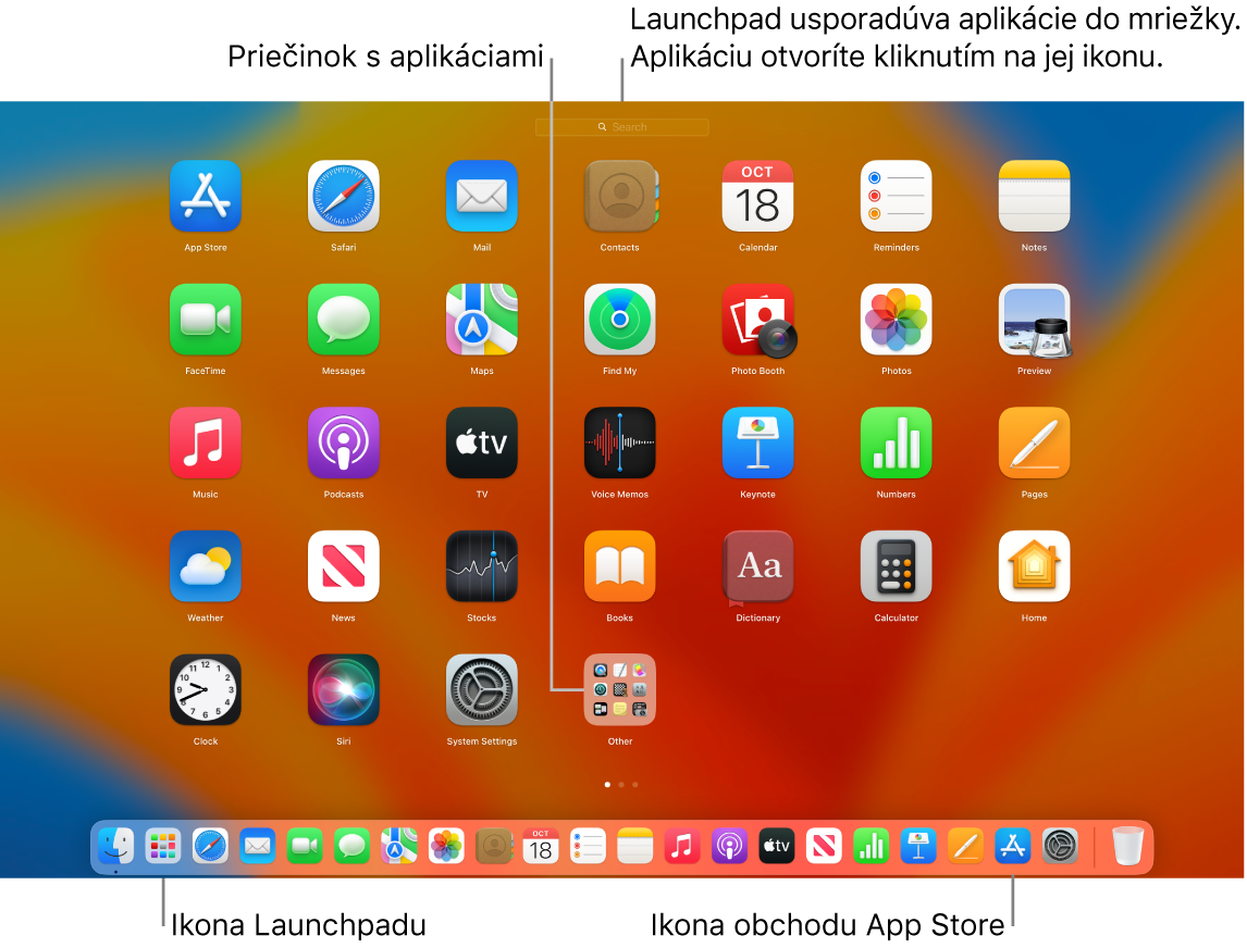 Obrazovka Macu s otvoreným Launchpadom, v ktorom je znázornený priečinok s aplikáciami v Launchpade, a ikony Launchpadu a App Storu v Docku.