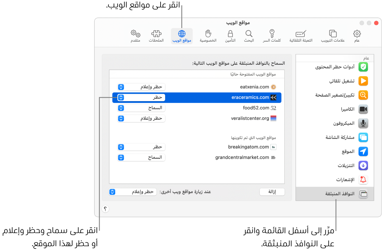 نافذة تُظهر تفضيلات Safari لمواقع الويب، مع خيار النوافذ المنبثقة محددًا في الجزء السفلي للشريط الجانبي وموقع ويب مفتوح حاليًا محدد.