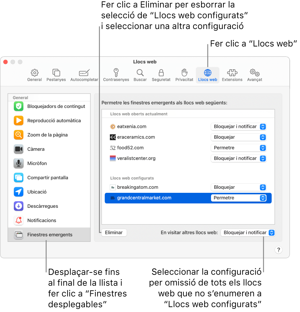 Una finestra que mostra les preferències del Safari per als llocs web, amb l'opció “Finestres emergents” seleccionada a la part inferior de la barra lateral, i tots ells llocs web configurats seleccionats.