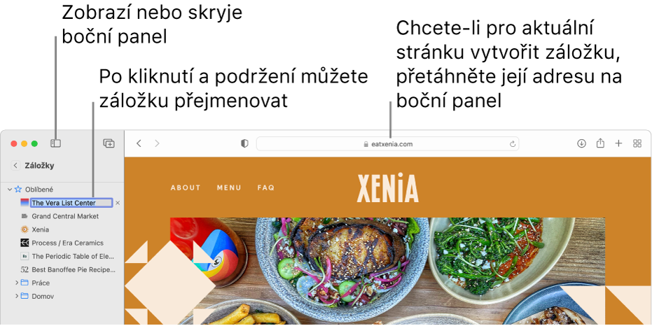 Okno Safari se záložkami na bočním panelu; jedna záložka je vybraná pro úpravy