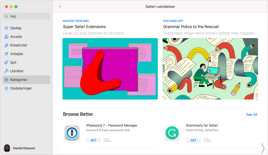 Hovedsiden for Mac App Store. Indholdsoversigten til venstre indeholder links til forskellige områder i butikken, f.eks. Arcade og Kreativitet, og Kategorier er valgt. Til højre ses kategorien Safari-udvidelser.