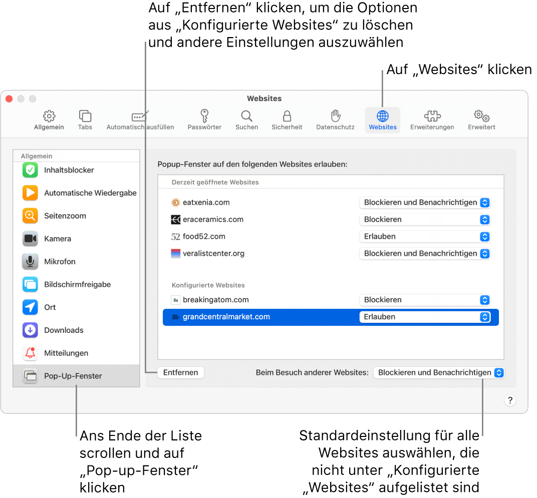 Ein Fenster zeigt die Safari-Einstellungen für Websites, unten in der Seitenleiste ist „Pop-Up-Fenster“ ausgewählt und alle konfigurierten Websites sind ausgewählt.