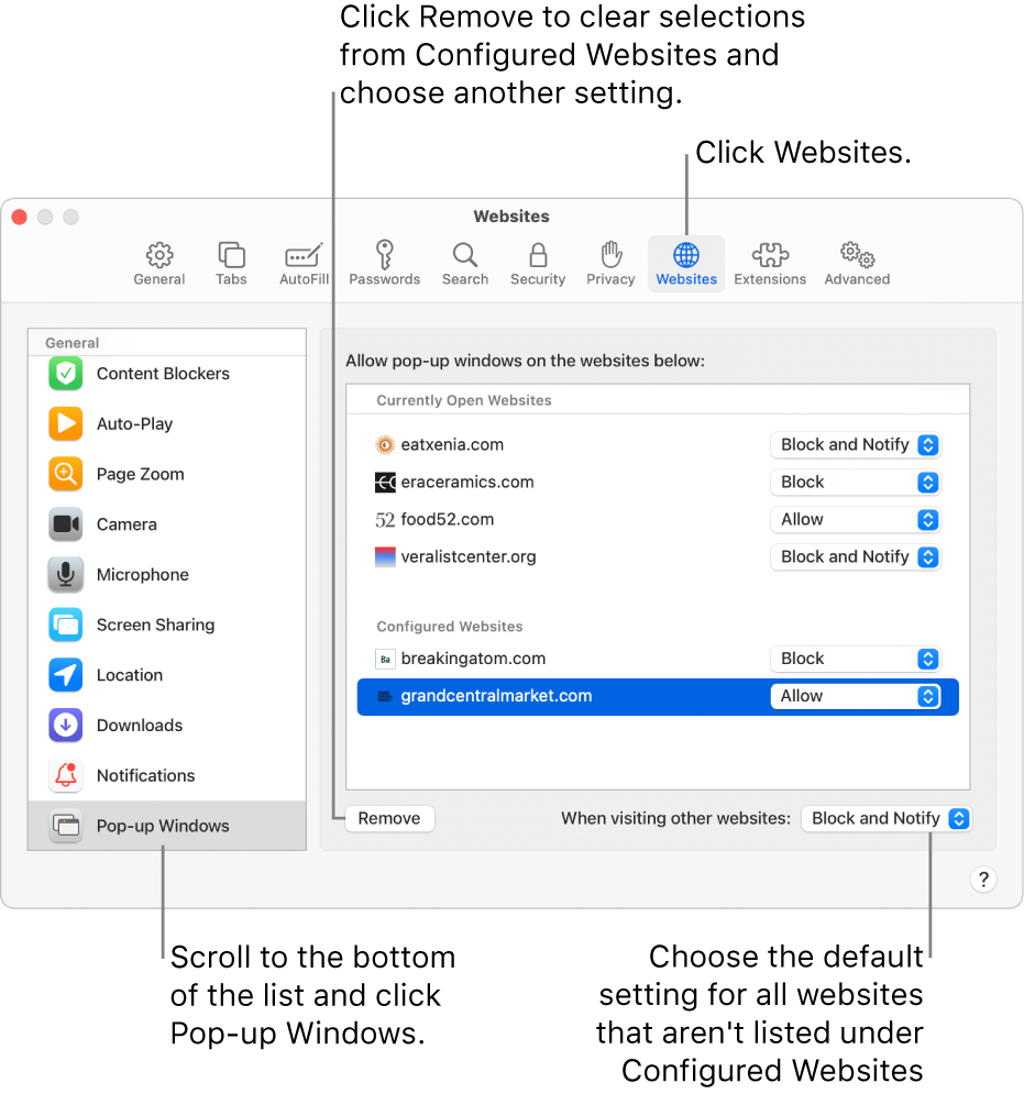 A window showing Safari preferences for websites, with Pop-up Windows selected at the bottom of the sidebar and all configured websites selected.