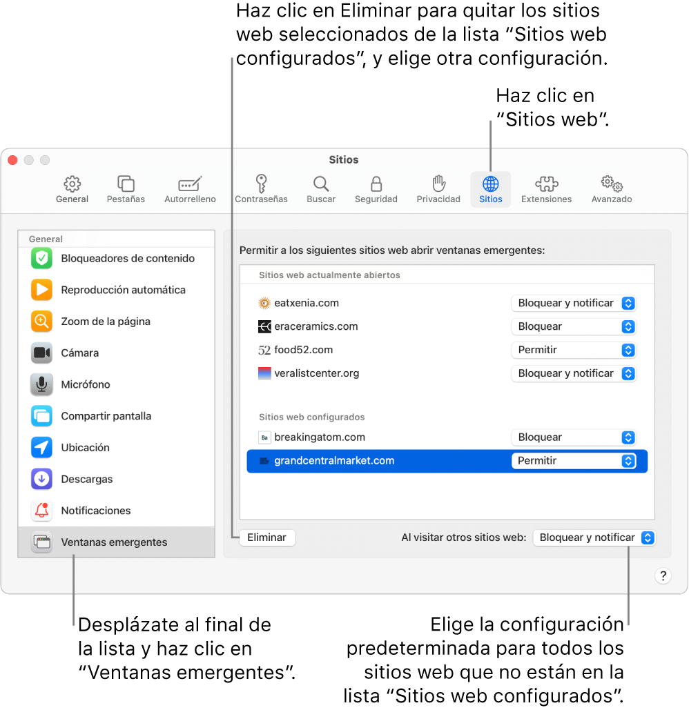 La ventana de preferencias de Safari mostrando el panel “Sitios web”, en la parte inferior de la barra lateral izquierda la opción “Ventanas emergentes” está seleccionada, y todos los sitios web configurados a la derecha.