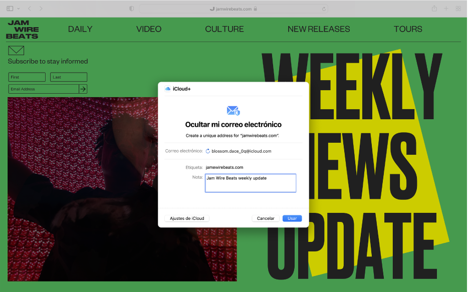 La ventana de Safari con un sitio web abierto y un cuadro de diálogo en el que el usuario está indicando qué dirección de correo privada utilizar con ese sitio web.