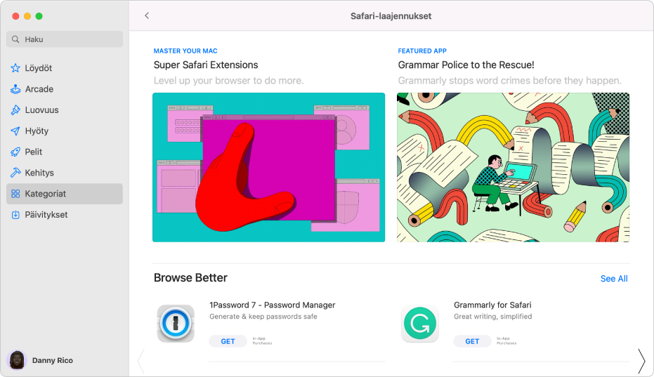 Mac App Storen pääsivu. Sivupalkki vasemmalla sisältää linkit App Storen eri alueisiin, kuten Arcade ja Luovuus. Valittuna on Kategoriat. Oikealla on kategoria Safari-laajennukset.