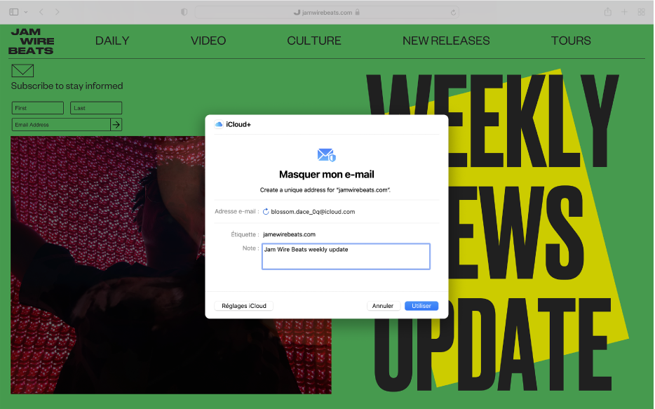 La fenêtre Safari avec un site web ouvert et une zone de dialogue au sein de laquelle l’utilisateur indique une adresse e-mail privée à utiliser pour ce site web.
