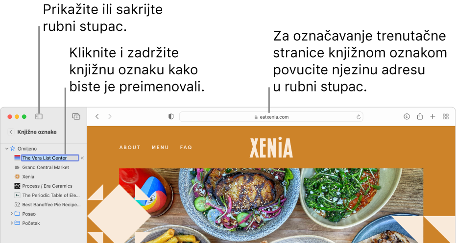 Prozor Safari prikazuje knjižne oznake u rubnom stupcu u kojem je jedna knjižna označena za uređivanje.