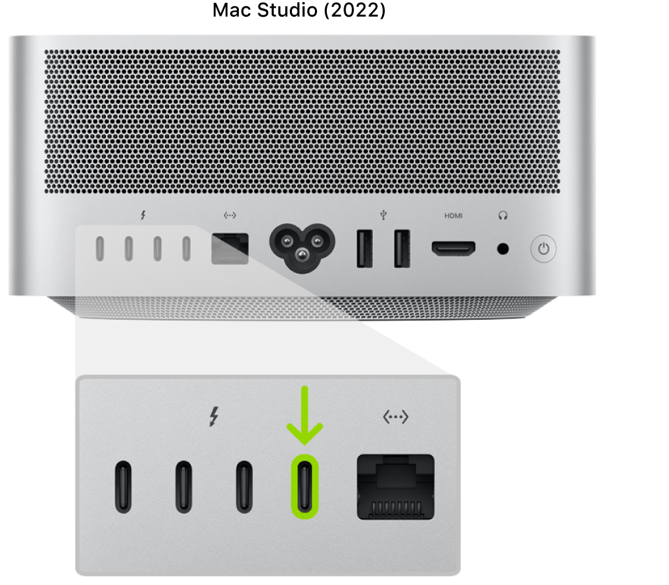 Die Rückseite des Mac Studio (2022) mit vier Thunderbolt 4-Anschlüssen (USB-C) an der Rückseite; der ganz rechts befindliche Anschluss wird hervorgehoben.