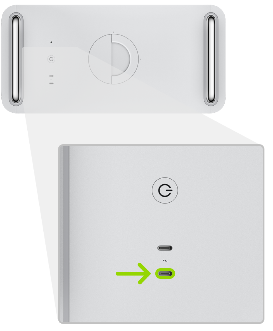 Mac Pro(2019년)의 뒷면에 Thunderbolt(USB-C) 포트 두 개가 있고 전원 버튼에서 가장 멀리 떨어진 포트가 하이라이트됨.