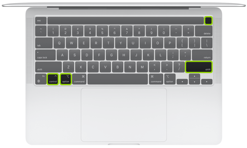 전원 버튼과 다음 키를 표시하는 휴대용 Mac의 키보드. 왼쪽 Control 키, 왼쪽 Option 키 및 오른쪽 Shift 키