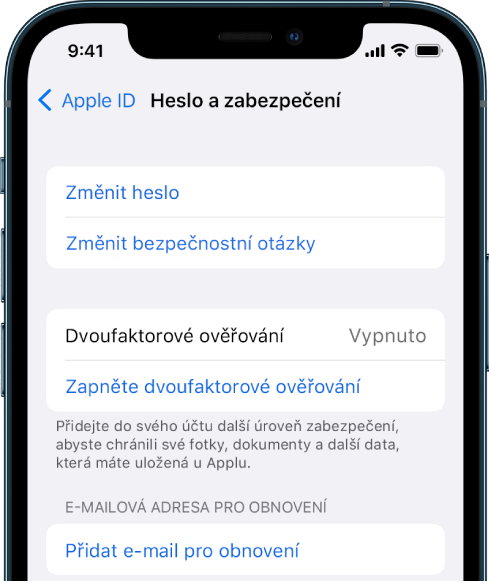 Displej iPhonu s vypnutým dvoufaktorovým ověřováním