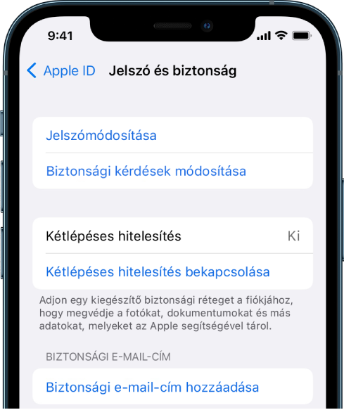 Egy iPhone képernyője, amelyen az látható, hogy a kétlépéses hitelesítés ki van kapcsolva.