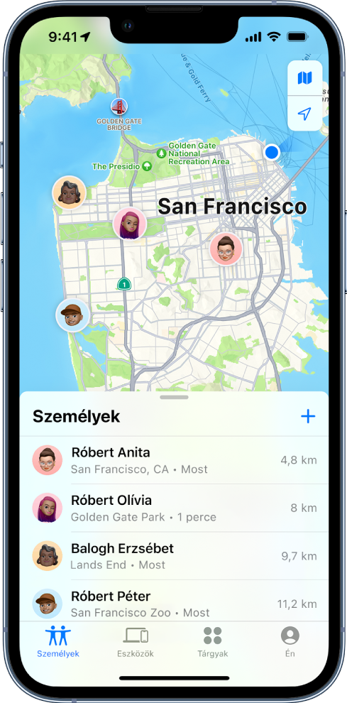 Az iPhone-on lévő Térképek app, amelyben az látható, hogy egy személy helyzete meg van osztva három másik személlyel.
