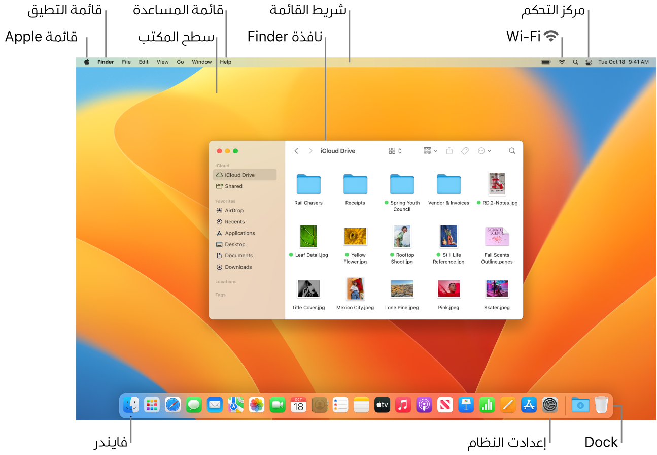 شاشة Mac تعرض قائمة Apple وسطح المكتب وقائمة المساعدة ونافذة فايندر وشريط القائمة وأيقونة Wi-Fi وأيقونة مركز التحكم وأيقونة فايندر وأيقونة إعدادات النظام وشريط الأيقونات.