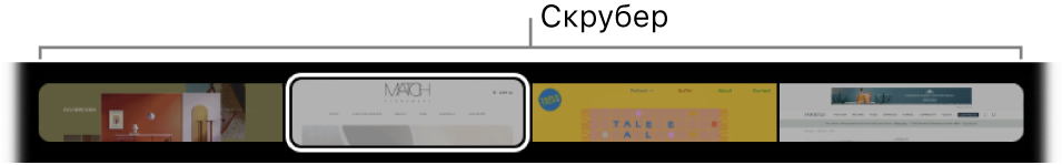 Скрубера с етикети в лентата Touch Bar на Safari . Показва малък преглед на всеки отворен етикет.