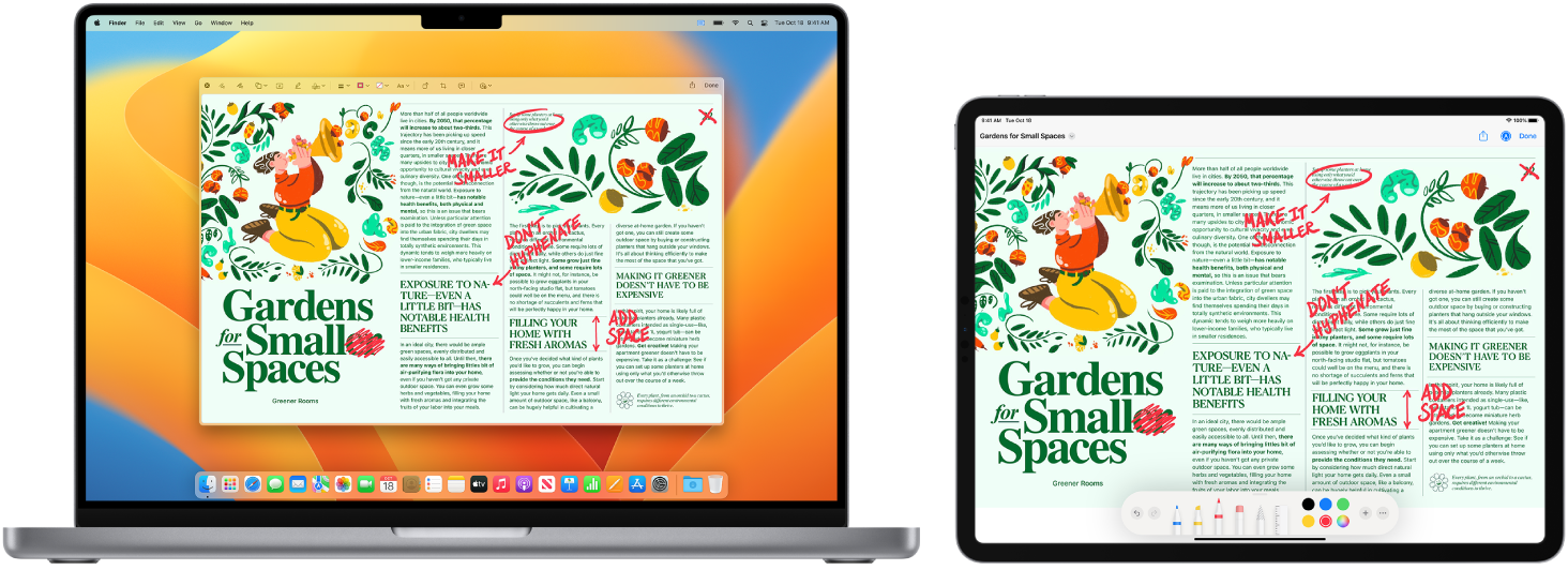  MacBook Pro и iPad, един до друг. И двата екрана показват статия, която е покрита с ръкописни червени редакции като задраскани изречения, стрелки и добавени думи. iPad също има бутони за украсяване в долната част на екрана.
