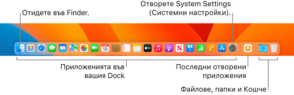 Лентата Dock, която показва Finder, System Settings (Системни настройки) и разделителя в лентата Dock, който отделя приложенията от файловете и папките.