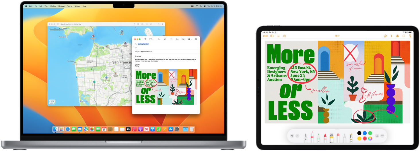 Един до друг са показани MacBook Pro и iPad. Екранът на iPad показва брошура с анотации. Екранът, използван от MacBook Pro, има отворено съобщение от Mail (Поща) с прикачен файл брошурата с анотациите от iPad.
