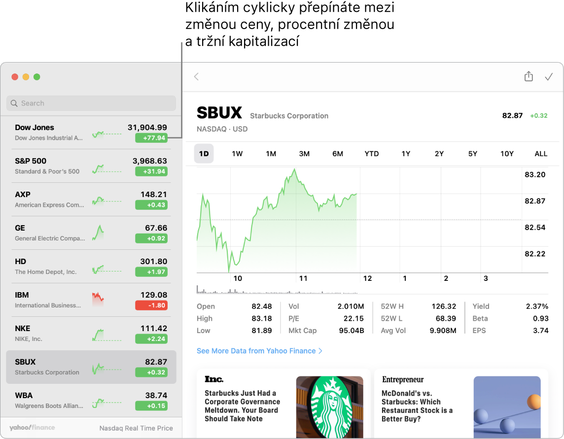 Obrazovka aplikace Akcie se zobrazenými informacemi a články o sledovaných akciích, s popiskem „Kliknutím můžete přepínat mezi změnou kurzu, procentní změnou a tržní kapitalizací“