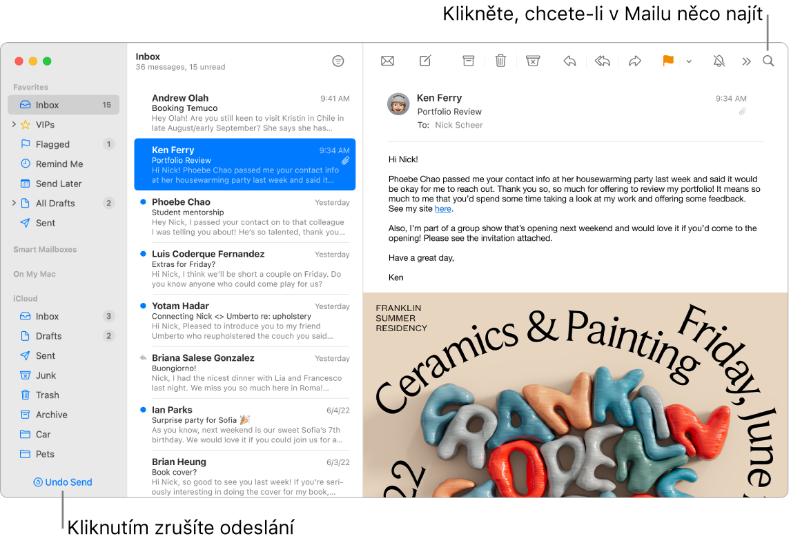 Okno aplikace Mail s bočním panelem na levé straně, obsahujícím složky Oblíbené, Dynamické schránky a iCloud, se seznamem zpráv vedle bočního panelu a s obsahem vybrané zprávy na pravé straně