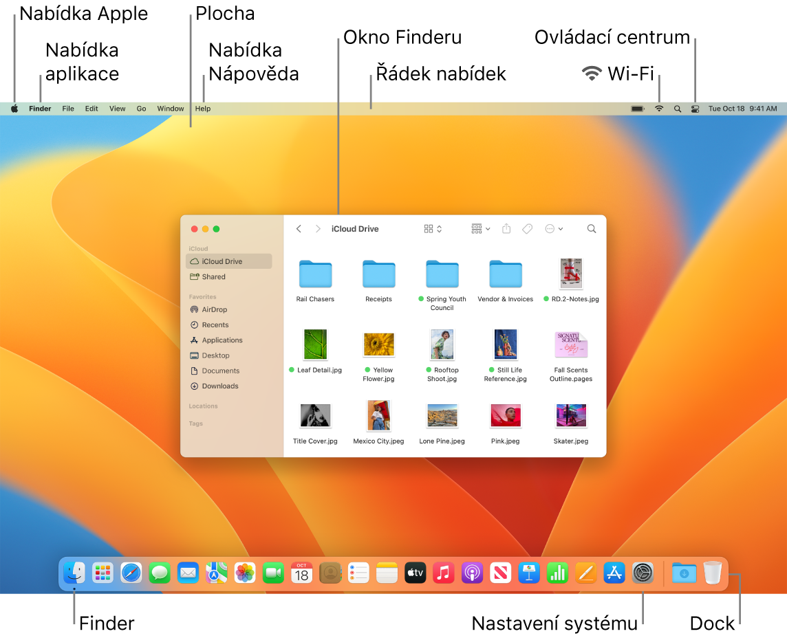 Obrazovka Macu, na níž je vidět nabídka Apple, nabídka aplikace, plocha, nabídka Nápověda, okno Finderu, řádek nabídek, ikona Wi‑Fi, ikona Ovládacího centra, ikona Finderu, ikona nastavení systému a Dock