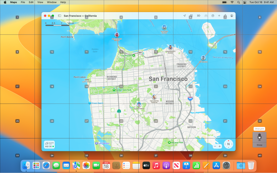 Aplikace Mapy otevřená na ploše a překrytá mřížkou