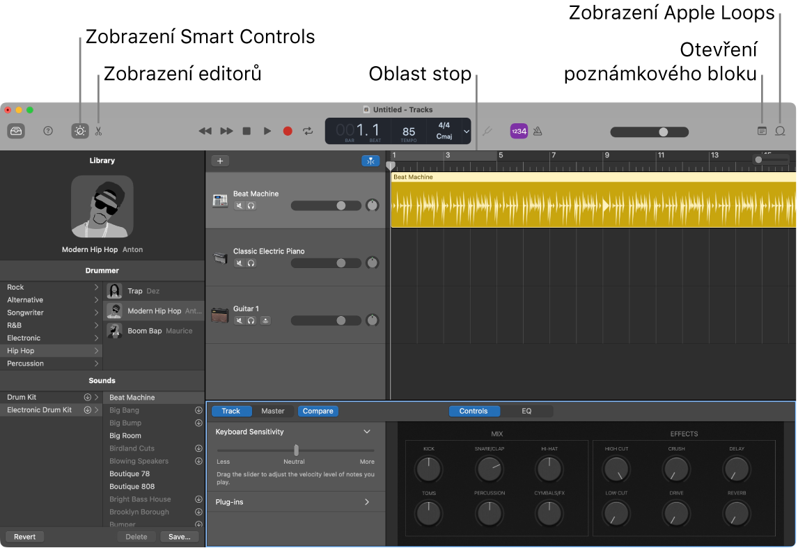 Okno GarageBandu s popisky tlačítek pro přístup k ovládacím prvkům Smart Controls, editorům, poznámkám a smyčkám Apple Loops. Jsou zde také vidět jednotlivé stopy skladby