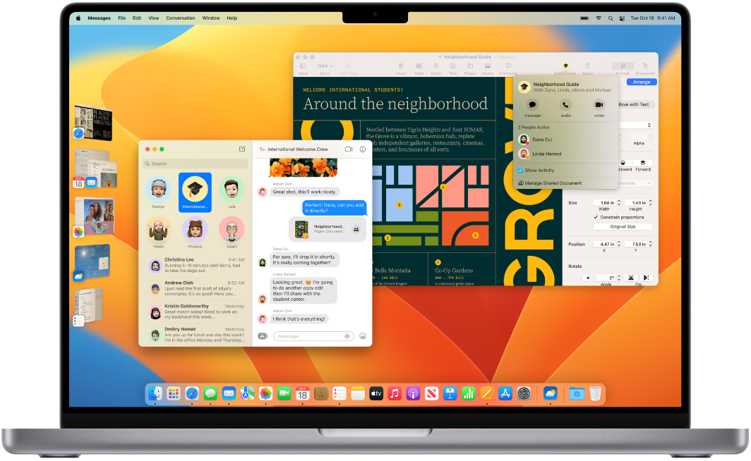 Plocha MacBooku Pro s Ovládacím centrem a několika otevřenými aplikacemi