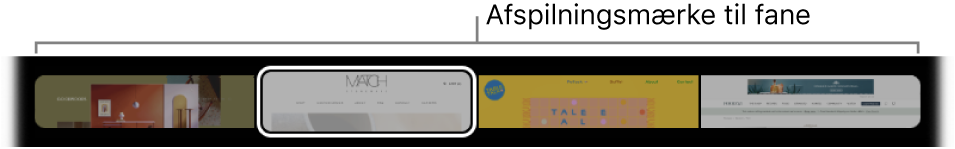 Afspilningsmærket til fane på Touch Bar til Safari. Afspilningsmærket viser et lille eksempel fra hver fane, som er åben.