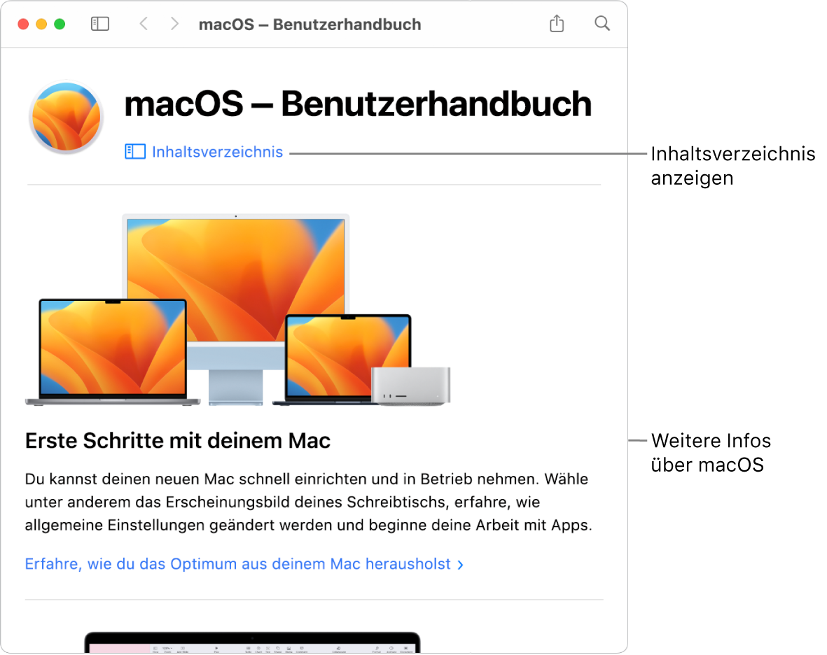 Die Startseite des macOS – Benutzerhandbuchs mit dem Link zum Inhaltsverzeichnis