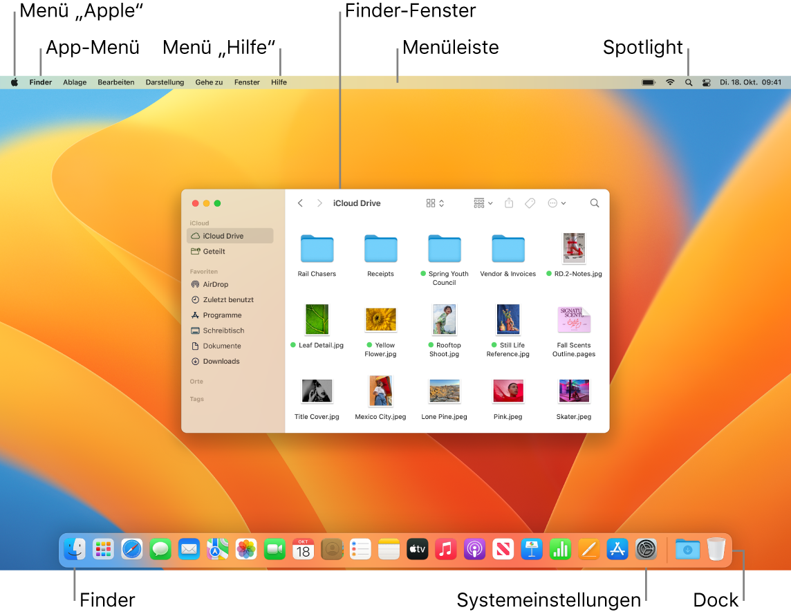 Ein Mac-Bildschirm zeigt das Menü „Apple“, das App-Menü, das Menü „Hilfe“, ein Finder-Fenster, die Menüleiste, das Spotlight-Symbol, das Finder-Symbol, das Symbol „Systemeinstellungen“ und das Dock.