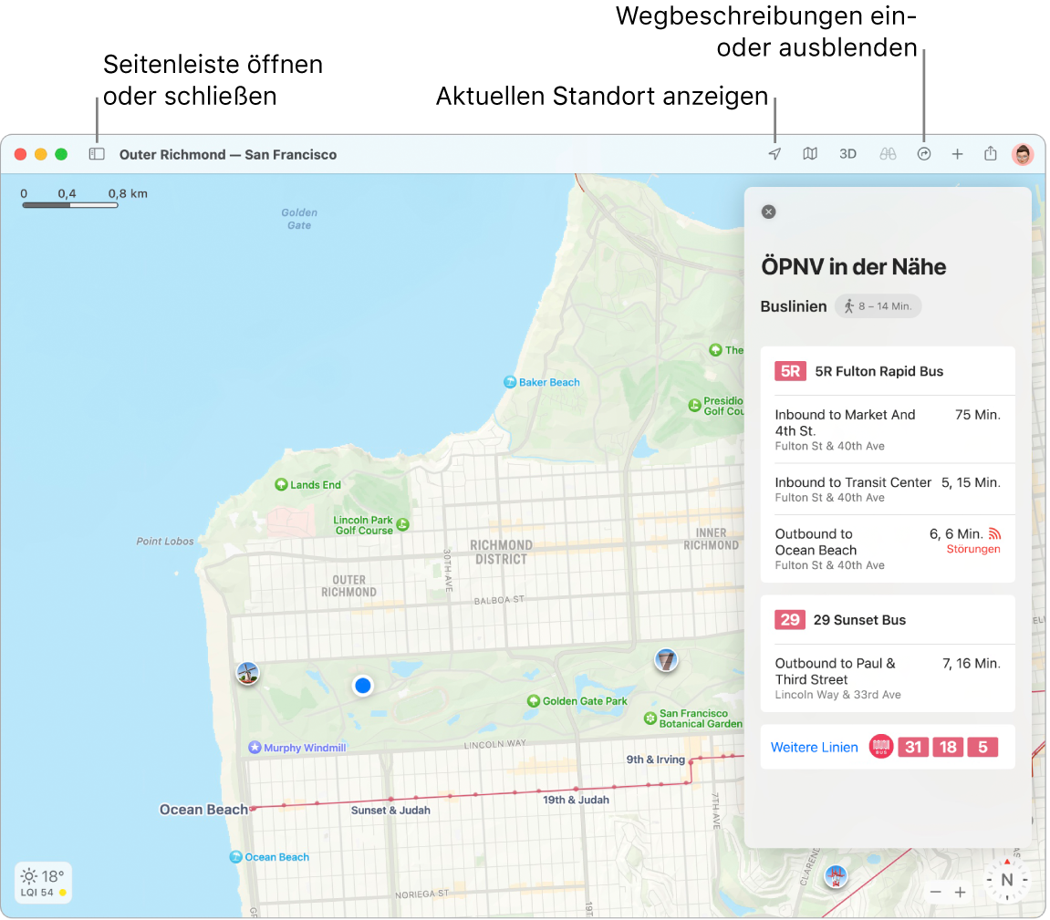 Ein Fenster der App „Karten“ mit Informationen zum Anzeigen von Routen durch Klicken auf ein Ziel in der Seitenleiste, zum Öffnen und Schließen der Seitenleiste und Bestimmen deines aktuellen Standorts auf der Karte.