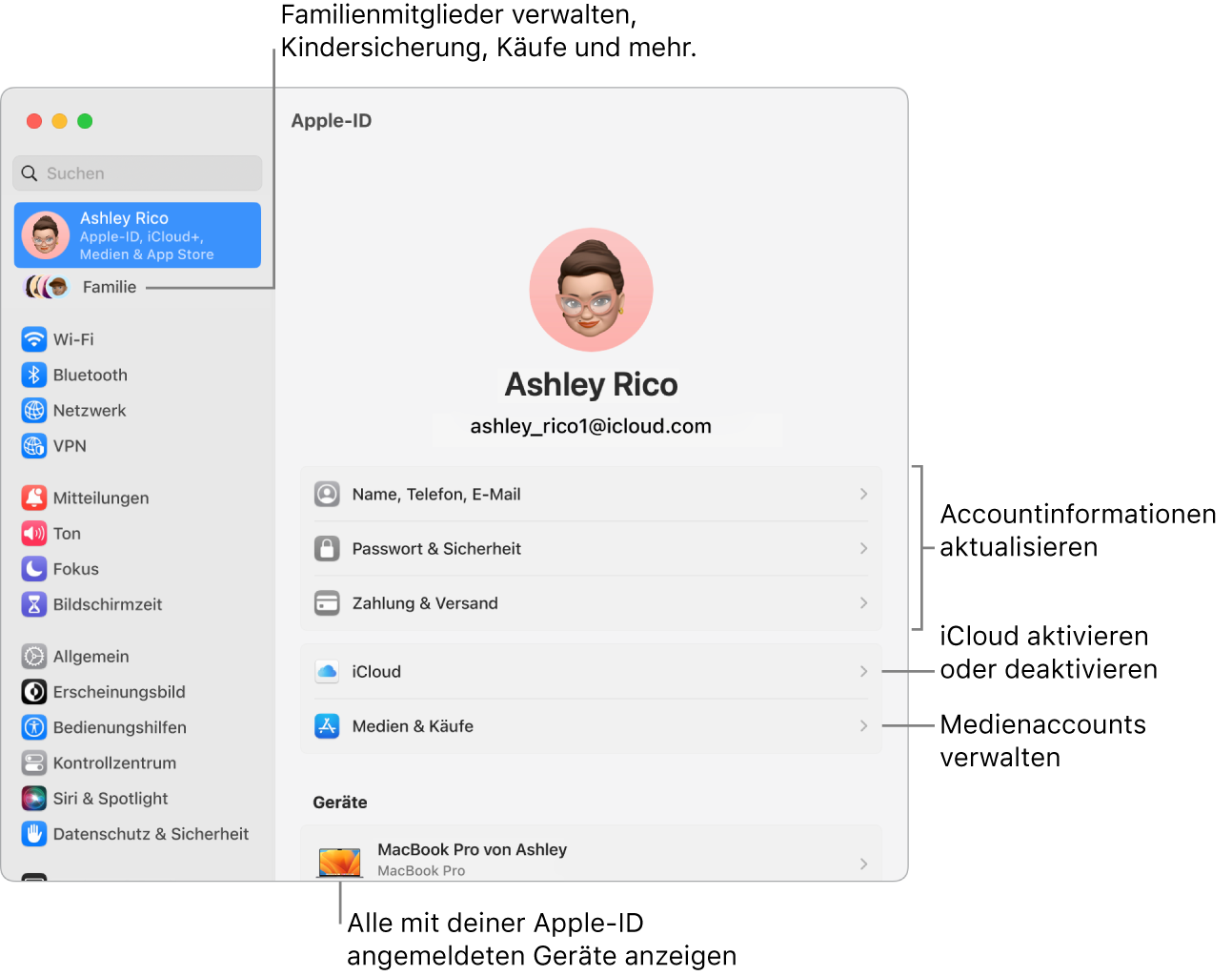 Apple-ID-Einstellungen in den Systemeinstellungen mit Beschriftungen zum Aktualisieren der Accountinformationen, Ein- bzw. Ausschalten von iCloud-Funktionen, Verwalten von Medienaccounts und für die Funktion „Familie“, um Familienmitglieder, Kindersicherung, Käufe und mehr zu verwalten.