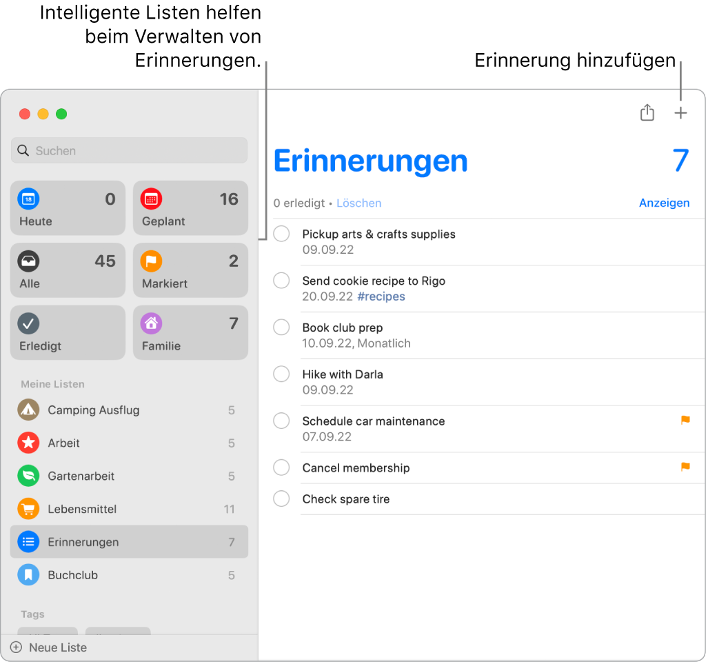 Ein Erinnerungen-Fenster mit intelligenten Listen links und anderen Erinnerungen und Listen darunter. Der Zeiger befindet sich in einer Erinnerung. „Intelligente Listen“ und die Taste „Neue Erinnerung hinzufügen“ haben Beschriftungen.