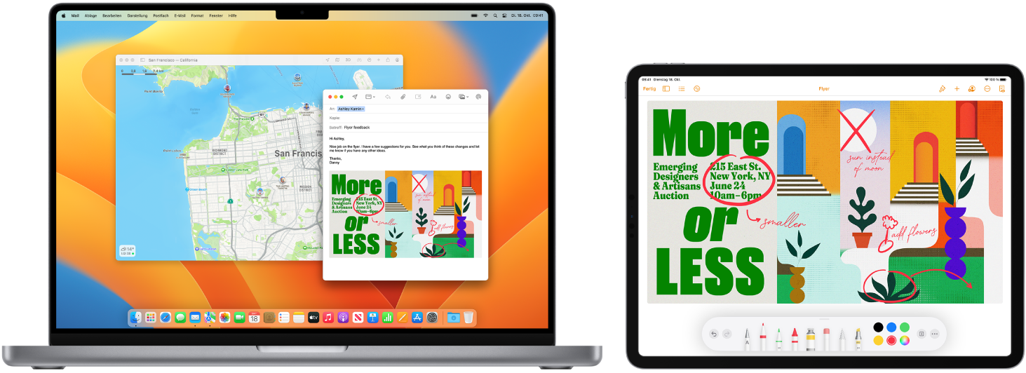 Ein MacBook Pro und ein iPad werden nebeneinander angezeigt. Auf dem iPad-Bildschirm ist ein Flyer mit Markierungen zu sehen. Auf dem Display, das vom MacBook Pro verwendet wird, ist eine Mail-Nachricht mit dem markierten Flyer auf dem iPad als Anhang zu sehen.
