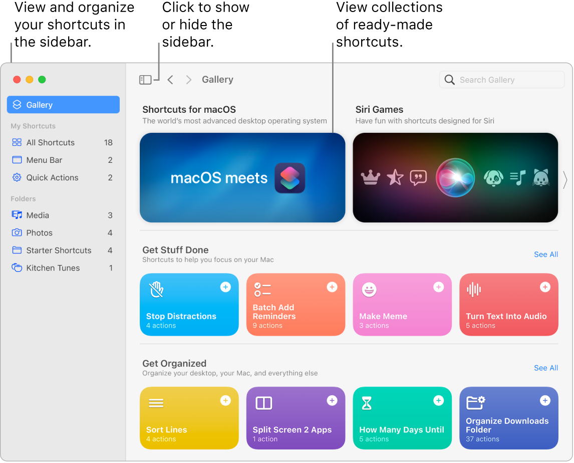 The Shortcuts window with the sidebar open on the left and the Gallery on the right. The Sidebar button and navigation arrows are on the top left above the Gallery and the search field is in the top-right.