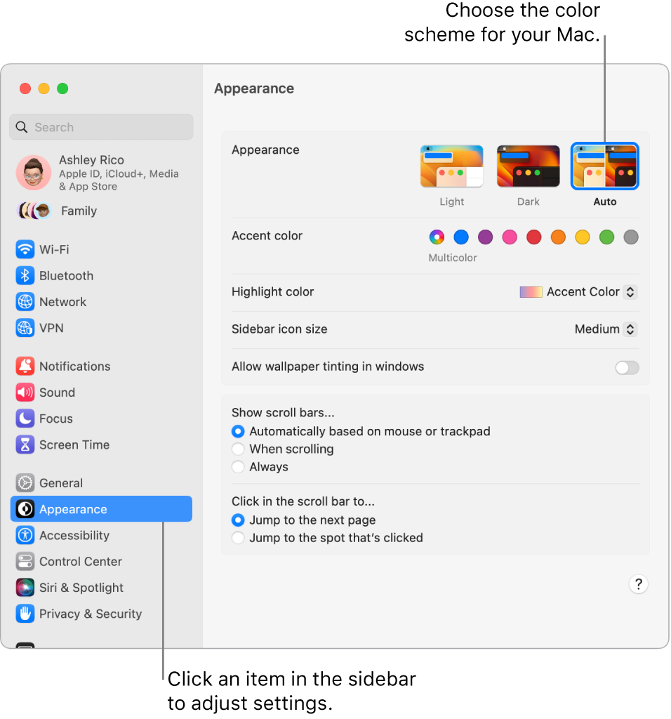 The Appearance window in System Settings.