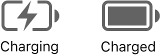 Charging and charged battery status icons.