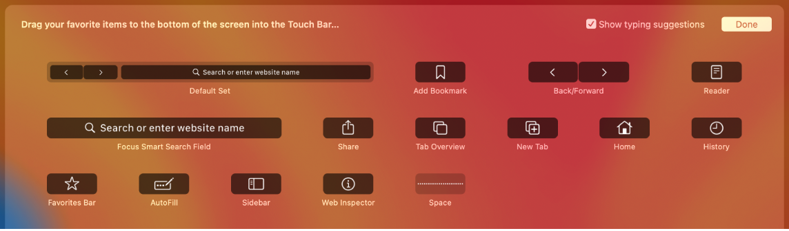 The Customize Safari options that can be dragged into the Touch Bar.