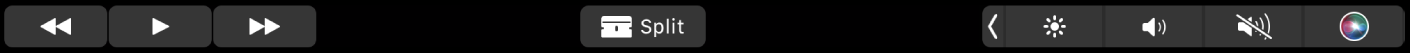 The iMovie Touch Bar when a clip is playing. There are buttons for rewind, play, fast-forward, split, and volume.