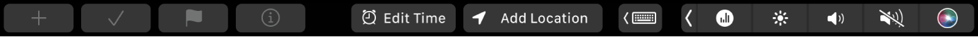 Reminders Touch Bar with buttons for new reminder, check, flag, info, Edit Time, and Add Location.