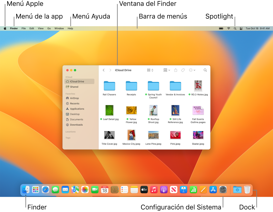 La pantalla de una Mac mostrando el menú Apple, el menú App, el menú Ayuda, una ventana del Finder, la barra de menús, el ícono de Spotlight, el ícono del Finder, el ícono de Configuración del Sistema y el Dock.
