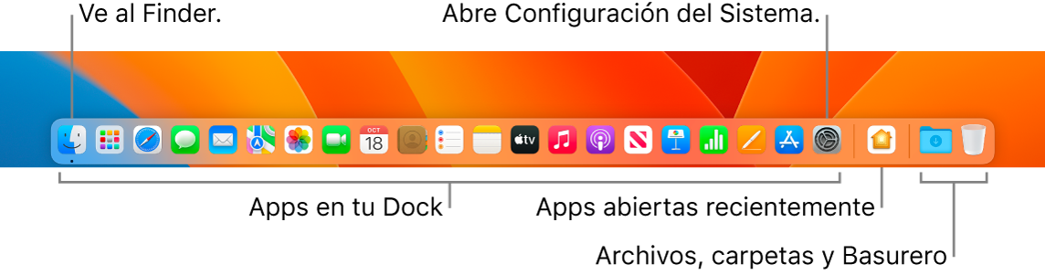 El Dock mostrando el Finder, Configuración del Sistema y la línea en el Dock que divide las apps de las carpetas y archivos.